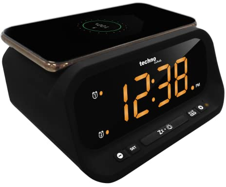 Technoline WT 477 LED Funkwecker mit Wireless Charging (Qi) & USB-Ladeanschluss – Digitaler Radiowecker mit 2 Alarmen, Snooze, Dimmer, LED Display, Nachtisch Wecker für Smartphone