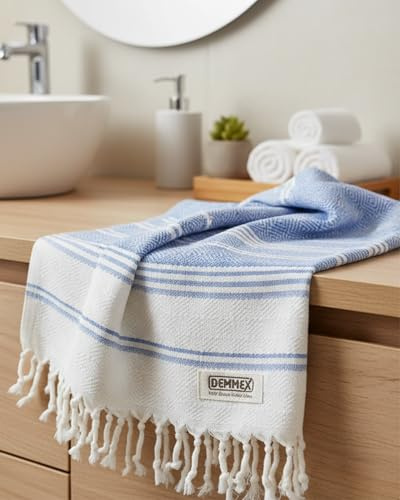 DEMMEX, Juego de 2 toallas de mano turcas orgánicas para baño, 100 % algodón turco certificado Oeko-TEX, de secado rápido, ligeras, de cocina y viaje, tejido de diamante, grande, 46 x 92 cm, Azul