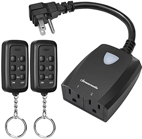 DEWENWILS Outdoor Wireless Remote Outlet, 2-in-1 Individual Control Sockets, 2 Independent Control Sockets Weatherproof Remote Control Switch, 15A Heavy Duty with 2 Remote for Lights