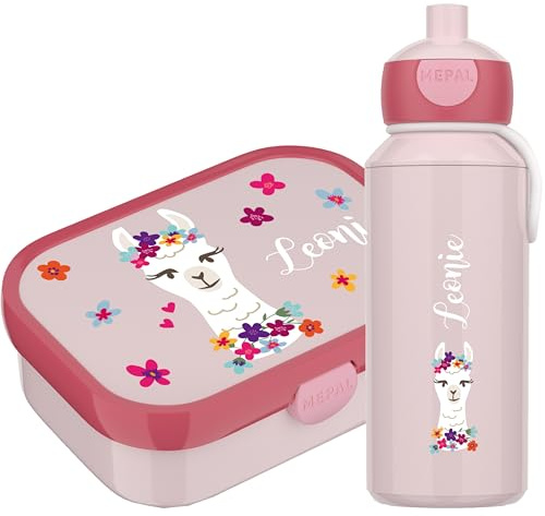 4youDesign Mepal Bento Box und Trinkflasche Set personalisiert Lama Alpaka – Geschenk für Kinder Weihnachten, Nikolaus, Geburtstag - Auslaufsicher – Brotdose 750ml, 400ml Flasche (Cool Pink)