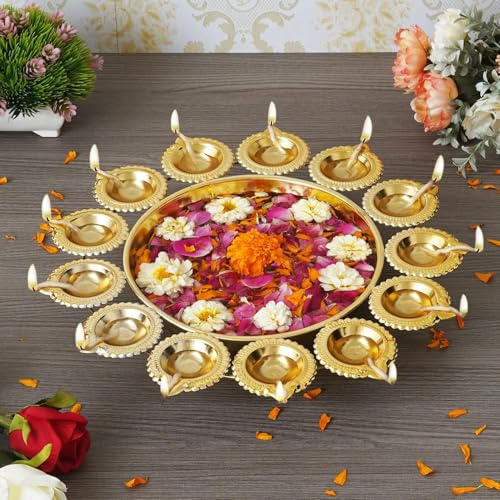 Webelkart Diya Runde Schüssel - Metall mit Gold-Finish - Handgefertigt - Orientalisch - Lotus Blossom Bowl - Urni Deko-Schüssel - Teelichtschüssel - 14 IN - 5E+2 ml - Dekorative Display, Geschenk