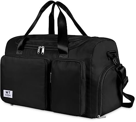 WT Borsone da Viaggio Pieghevole con Scomparto Scarpe, da Palestra Sportiva per Donna e Uomo, Grande Borsa Fitness, Allenamento, Nuoto, Fine Settimana (Nero)