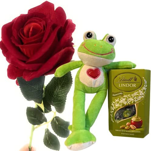 Regalo San Valentino e Festa della Donna 2025 - Principe Ranocchio + Praline Pistacchio 200gr + Rosa Rossa Di Velluto A Gambo Lungo - Regalo Fidanzata/Fidanzato