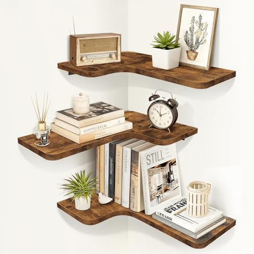 Homode Eckregale Schweberegale, Eckregale Wandmontage mit Kordelloch, 3er Set L-Form Holz Wand Lagerregale für Wohnzimmer Schlafzimmer Badezimmer Küche, Rustikales Braun