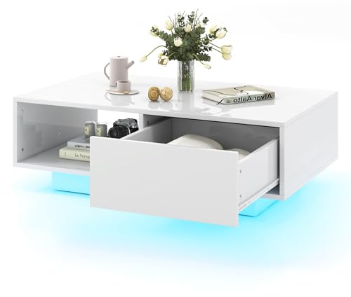 COSTWAY Tavolino da Salotto in Legno, Tavolino Moderno e Rettangolare con 20 Colori di Luci a LED, Telecomando, Cassetto e Ripiano Aperto, Tavolino per Studio e Ufficio (Bianco)