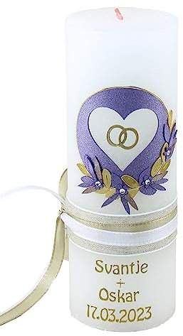 Cerziies® Hochzeitskerze Rustik Svantje und Oskar mit Name und Datum, individuell und handverziert 1953, Variante:Glasteelichteinsatz