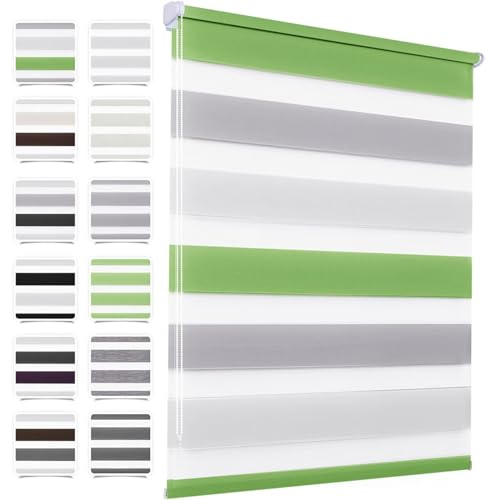 MupFup Doppelrollo Klemmfix ohne Bohren 70x190cm(BxH) Grün-grau-weiß,Rollo mit Lichtdurchlässig und Verdunkelnd/Höhe Stufenlos Verstellbar für Schlafzimmer,Badezimmer,Wohnzimmer Fenster und Tür