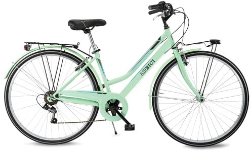 AIRBICI Bicicletta da passeggio da donna Fusion Lady 28. Bicicletta da donna a 6 velocità, telaio in acciaio, cerchi in alluminio, luci a LED, portapacchi, cavalletto, cambio Shimano. (verde acqua)
