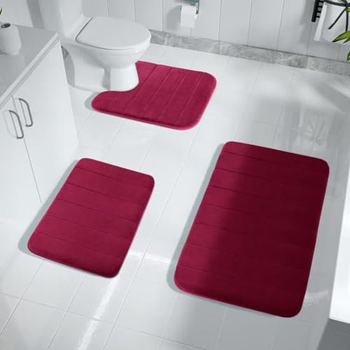 ARRITS Badezimmerteppich Set 3 Teilig, Memory Foam Badematte Set rutschfest Waschbar, Super Saugfähiger Weich Badvorleger Maschinenwaschbar und Toilettenmatte für Dusche, Badewanne und Wc (Tiefrot)
