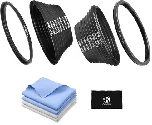 Set di adattatori per anelli filtranti da 18 pezzi -9 anelli di aumento e 9 anelli di riduzione per filtri obiettivo, paraluce e convertitori di obiettivi -Include 4 panni in microfibra per la pulizia