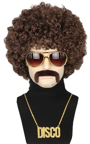 Topcosplay 4er Set Afro Perücke Herren Mit Sonnenbrille, Schnurrbart, Halskette - 70 80er Jahre Vokuhila Disco Hippie Perücke für Halloween Karneval Kostüm (Dunkelbraun)
