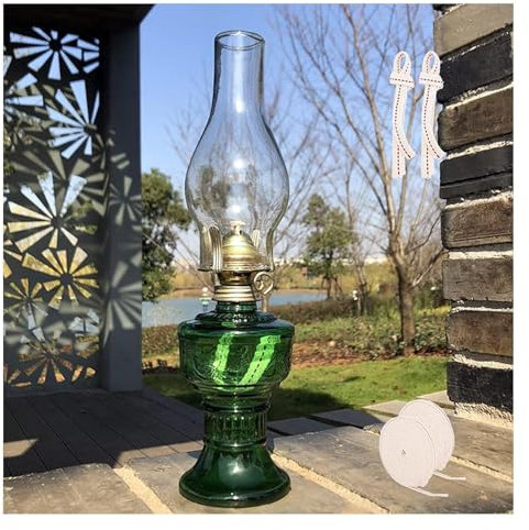 SFQEVHRZ Öllampe， Kerosinlampe， Vintage Petroleumlampe aus Glas for den Innenbereich, antike Kammer-Sturmlampe mit 2 Dochten, Outdoor-Camping(Green)