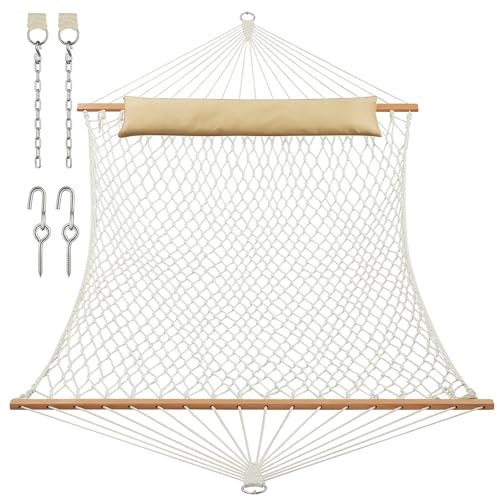 JoyView Traditionelle Doppel-Hängematte aus Seil, handgewebte Baumwoll-Hängematte mit Hartholz-Spreizstange und Kissen, 204 kg Kapazität, 204 kg Kapazität, Hängematte für 2 Personen, für den Innen-