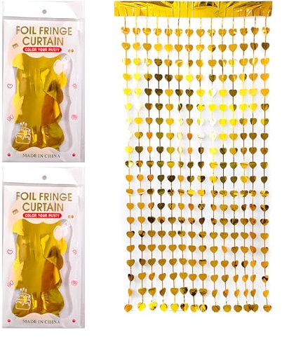 LHLZNB door curtain，2 Pcs Red Heart Door Streamers Heart Foil Fringe Curtain Streamers Backdrop Birthday Party Wall Background for Birthday Valentine's Day Wedding Romance Photo Backdrop (golden)