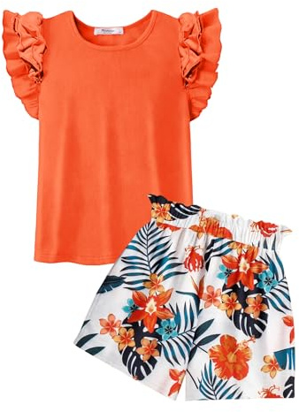 Arshiner Set di Abbigliamento Senza Maniche Ragazze Completo Estivo Maglietta Arancione Pantaloncini Set Completo Il Tempo Libero per Bambini Top Moda Set Due Pezzi con Tasche 8-9 Anni