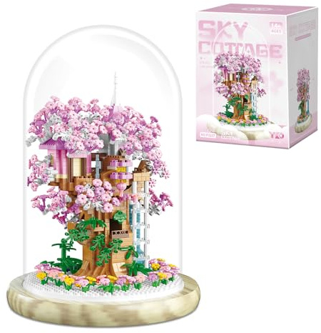 highdar Sakura Baumhaus Micro Mini Baustein Set, 1382 Klemmbausteine Blumen klemmbausteine Bausteine mit Staubdichte Kuppel Und Sockel,Geschenk für Mädchen ab 14 Jahren