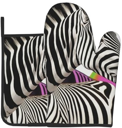 Oven Mitts and Pot Holders Set of 2 Heat Resistant Oven Gloves and Potholders Zebra BBQ Gloves Hot Pads Cooking Gloves for Kitchen Baking Grilling