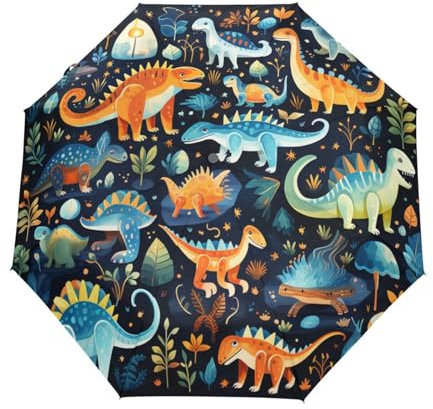 DDDIYEU Kinder Cartoon Blauer Dinosaurier Regenschirm Taschenschirm Auf-Zu Automatik Schirme Leicht UV-Schutz für Reise Jungen Mädchen Strand