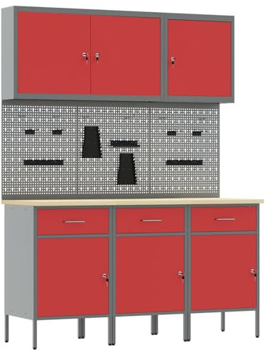 vidaXL Work Bench with Drawer 8 pcs Red 150 x 55 x 200 cm Steel, Workshop Storage Solutions, Tool Holder, Indoor Organizer Chest Cabinet Unit Drawer Rack