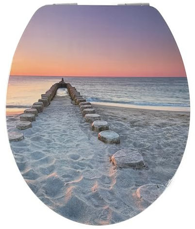 WC Sitz mit Absenkautomatik | Holzkern | stabile Softclose Scharniere | einfache Montage | glatte Oberfläche | Motive zur Auswahl | Holz WC-Deckel universell passend (Sandbank)