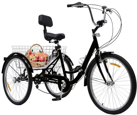 24 Zoll Dreirad Erwachsene 7-Gang faltbar Schwarz - Klappbares Trike mit Rückenlehne & Einkaufskorb, 95kg Traglast, V-Bremse/Backenbremsen für Städte Strände Radwege und Alle Arten Von Straßen