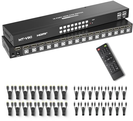 MT-VIKI 4K@60Hz KVM Switch HDMI 16 Port w/16 Cables & 3.5mm Audio, Rack Mount KVM Switch, 4 USB 2.0,HDMI 2.0,HDCP 2.2 for 16 Computers/Servers, Fit 1U 19'' Rack
