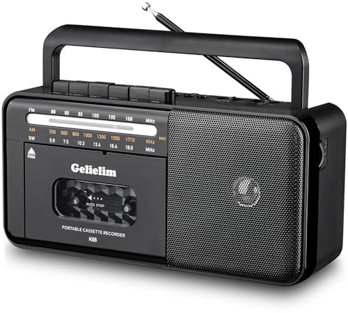 Gelielim Portable Cassette Player, Cassette Recorder Blutooth Boombox, Cassette Tape Player AM/FM/SW Radio Stereo, 8W Speaker&Earphone Jack, Support USB/TF Card, Mains and Battery Powered