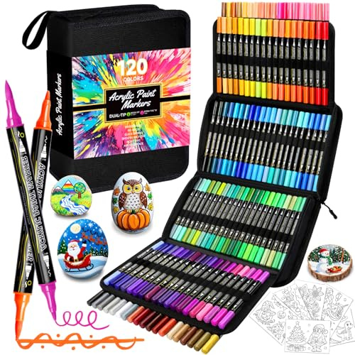 UQYMY 120 Colori Pennarelli Acrilici, Acrylic Paint Marker Brush Doppia Punta(Fine e a Pennello), Dipingere Sassi Professionali per Legno, Vetro, Ceramica, Plastica, Tessuti, Colorazione Tela e Carta