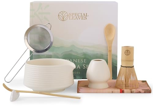 Special Leaves Matcha Set - Weiß - 8-teiliges Matcha Tee Set - Matcha Besen, Schale, Löffel, Scoop, Sieb, Halter & Zubehör - Premium Matcha Kit für Matcha-Liebhaber | Komplettes Matcha Kit: Chasen, Schale, Löffel, Scoop, Sieb & Halter, matcha whisk & bowl, als Starter Set