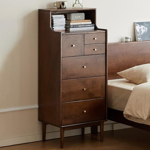 Solid Wood Chest of Drawers with 6 Drawer,Walnut Storage Unit, for Bedroom