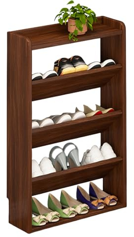 Zapatero estrecho, organizador de almacenamiento compacto para espacios pequeños, estante de zapatos montado en la pared o puerta, color nogal, ideal para entrada o armario