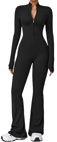 Ecupper Combinaisons de Sport Femme à Manches Longues Jumpsuit Une Pièce Combinaisons Overalls Flare Romper avec Fermeture Éclair Noir L