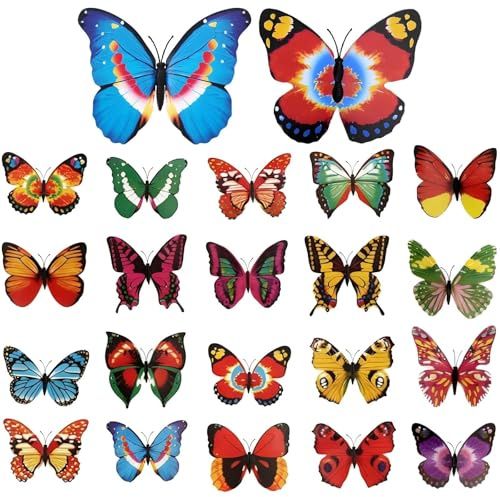 20 Stück Bunte Schmetterlinge Deko, mit Sicherheitsnadeln und Magnet, Schmetterling Brosche, 3D Schmetterling Aufkleber basteln, für Schlafzimmer, Wohnzimmer, Büro, Garten, Tisch Dekoration