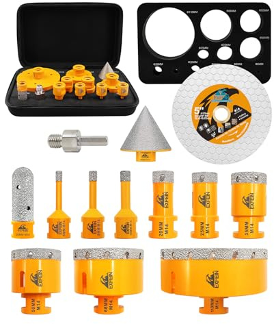 EXFEIN Kit de foret diamanté, 6/6/8/20/25/35/50/68/110mm de taille, scie de cloche diamantée, avec fraise à doigts de 20/50 mm, un adaptateur, pour porcelaine, carrelage, granit, marbre, perçage à sec