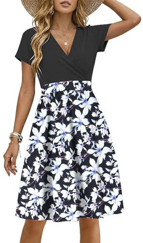 WNEEDU Summer Dresses for Women UK Short Sleeves V Neck | Wrap waist, A-line hem, Side pockets, Knee length, Lightweight, Daily casual, Solid & printed, Ladies beach dress