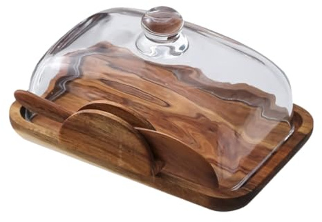 TOPPERFUN Mantequera de Madera Natural con Tapa de Vidrio Antipolvo para Cocina Encimera Recipiente Versátil para Almacenar Mantequilla Queso Postres y Snacks Fácil Limpieza y Uso Diario