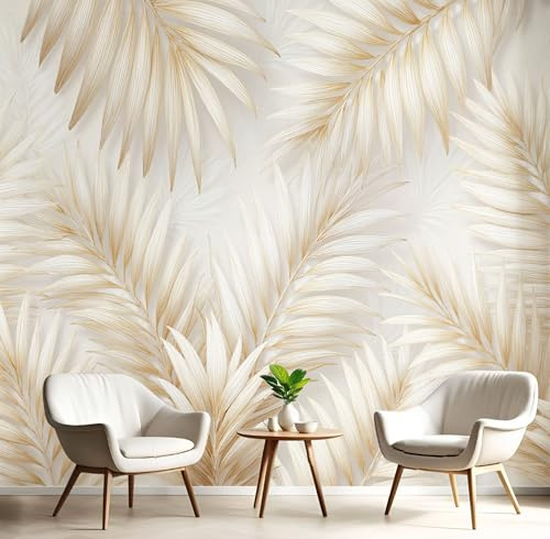 DLERFLOVR Papier Peint Panoramique Feuilles De Palmier Papier Peint en Soie Plantes Tropicales Revêtement Mural pour Salon, Adulte Chambre d'enfants, Restaurant Décoration 200x140cm, Beige