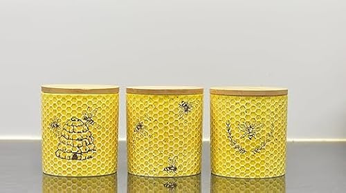 Biznest Set Of 3 Ceramic Kitchen Canister Honeycomb Pattern Jar Wood Lid Airtight Seal Food Storage Bee Print Flour, Salt, Tea, Coffee, Sugar Container Countertop Organiser Decor 16 X 12 Cm (YELLOW)