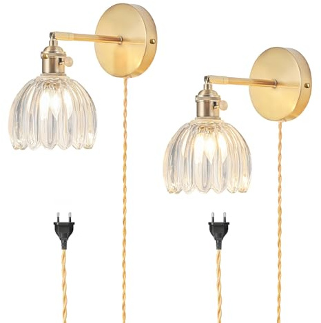 2 Apliques Pared con Enchufe, lámparas Pared con Pantalla de Cristal Transparente Tipo Tulipán, Ajustable a 180° con Interruptor y Cable, Luz de Pared Dorada para Dormitorio, Bombilla no Incluida