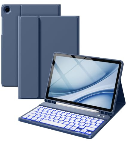 Vobafe Hülle mit Tastatur für Samsung Galaxy Tab A11+ Plus 11 Zoll 2025 | für Tab A9+ Plus 2023, 7 Farben Beleuchtete mit Abnehmbare Tastatur, TPU Rückschale mit Stifthalter, QWERTZ, Blaugrau