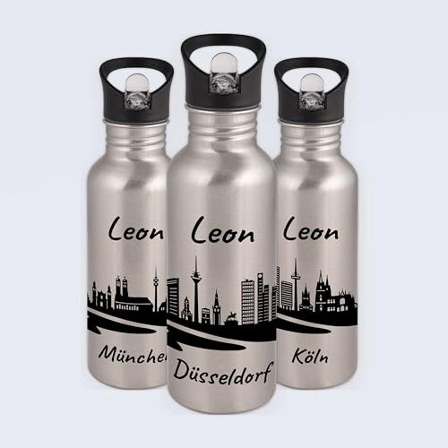 Gravur -Max Kinder Trinkflasche 600 ml personalisiert – auslaufsichere Edelstahl Trinkflasche mit Trinkhalm & Klappdeckel – BPA-frei - mit Skyline von Düsseldorf & Wunschname bedruckt - Silber
