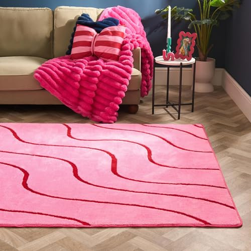OHS Contrast Wave Tufted Rugs for Bedroom, Soft Fluffy Rugs Living Large 160x230 Lounge Home Decorations Modern Non Slip Bedroom Rug Non Shedding Low Pile Carpet, Pink/Red
