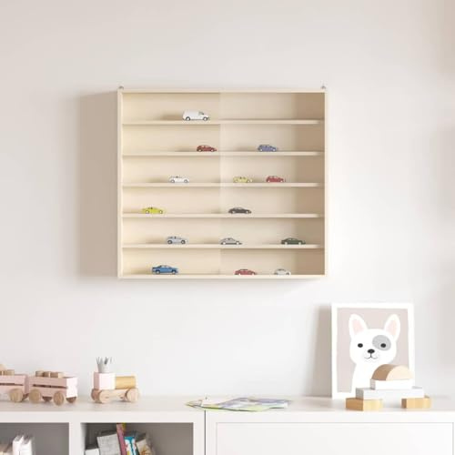Runheo Väggdisplayfodral med hylla beige, 60 x 8,5 x 54 cm plywood, samlarvitrin av trä för vardagsrum, skjutdörr