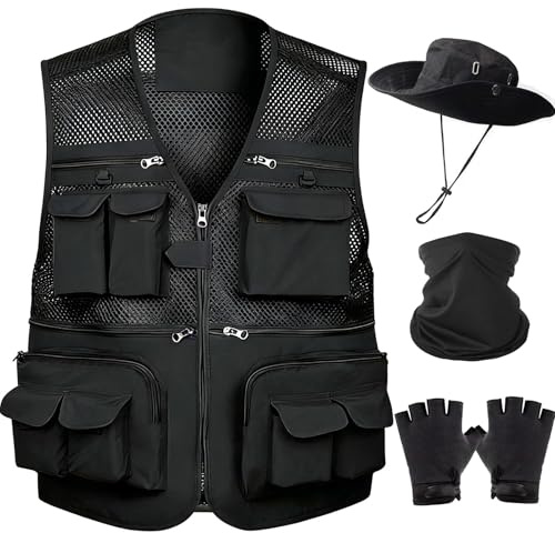 HUNTURE Mens Fishing Vest, Mesh Black Vest and Hat Gloves Cooling Neck Gaiter Set for Safari Hiking, Hidden Pocket Travel Vest