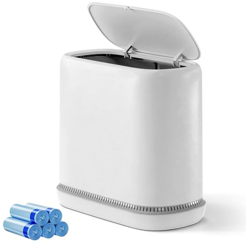 TidyTale Bathroom Trash Can with Lid, Small Slim Garbage Bin with Inner Bucket, Dog Proof Press Top Lid Narrow Wastebasket, Hidden Bag Design, Odor Control for Bathroom Bedroom Office RV