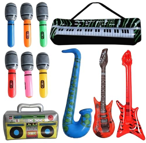 Photo Booth Props, 11-Piece Inflatable Instruments Set, Party Decoration and Entertainment for Themed Events, Inflatable Microphone Radio Guitar Bass Balloon Props