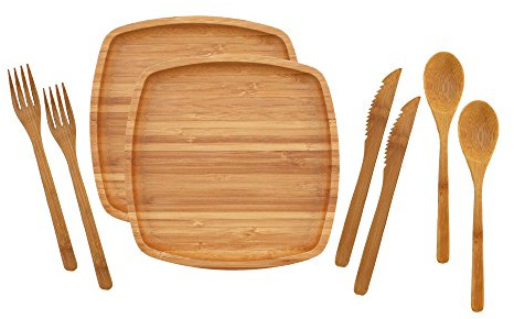 BambooMN Camping Mess Kit Lightweight Organic 8 x 8 Bamboo Plates, Forks, Knifes and Spoons for Camping, Hiking, or Backpacking - 2 Sets