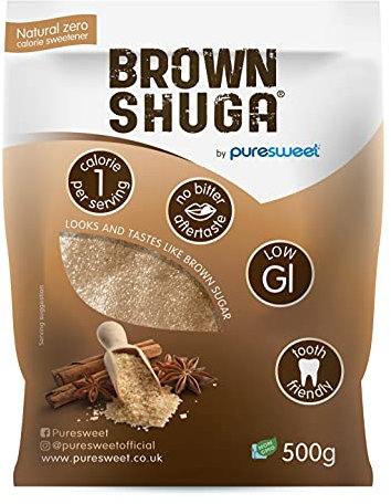 Brown Shuga® by Puresweet 500g, Natural Brown Sugar Alternative, No Bitter Aftertaste, Keto and Diabetic Friendly, Non GMO, Vegan, with Stevia.