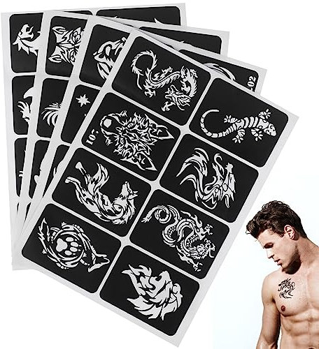 4 Sheets 32Pcs Temporäre Tätowierung Schablonen Tätowierung Aufkleber Vorlage Aushöhlen Selbstklebende Aufkleber Schablonen Vorlagen Glitzer Tattoo Kit Körperkunst Schablone