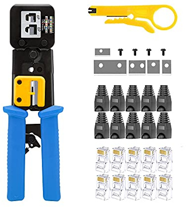 MAYLINE RJ45 Crimp Tool Kit CAT5 CAT6 Ethernet Crimping Tool Pass Through, RJ11, 6P/8P Crimp, LAN Wire Cutter Stripper Tool with 10PCS RJ45 Crimper Connectors(Blue)